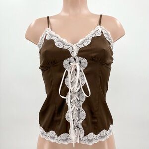 NWT Delia’s By Dolls Kill Don’t Believe In Love Brown Satin Lace-Up Cami Tank